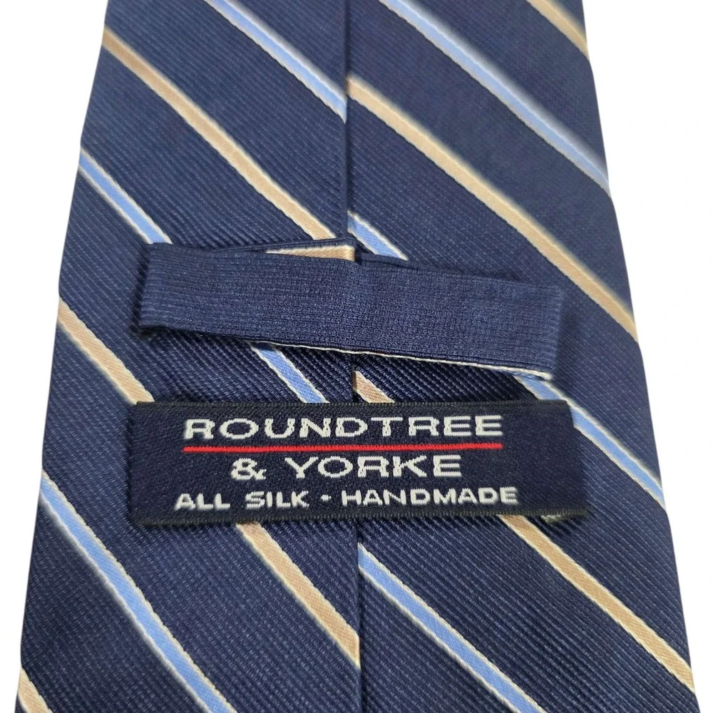 ROUNDTREE & YORKE Striped REPP Silk Handmade Necktie Blue Navy Cream‎ Classic